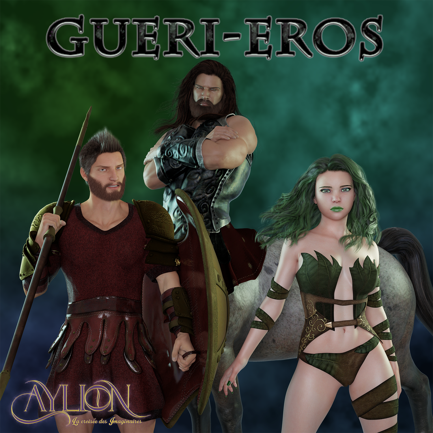 Titre : Gueri-Eros. Logo Aylion. Les 3 personnages principaux de gueri-eros.