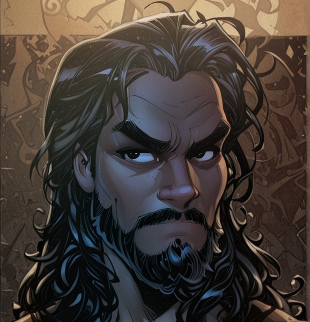 Portrait en Noir et Blanc d'Horine. Il a des cheveux longs avec des anglaises, une moustache et une barbe.